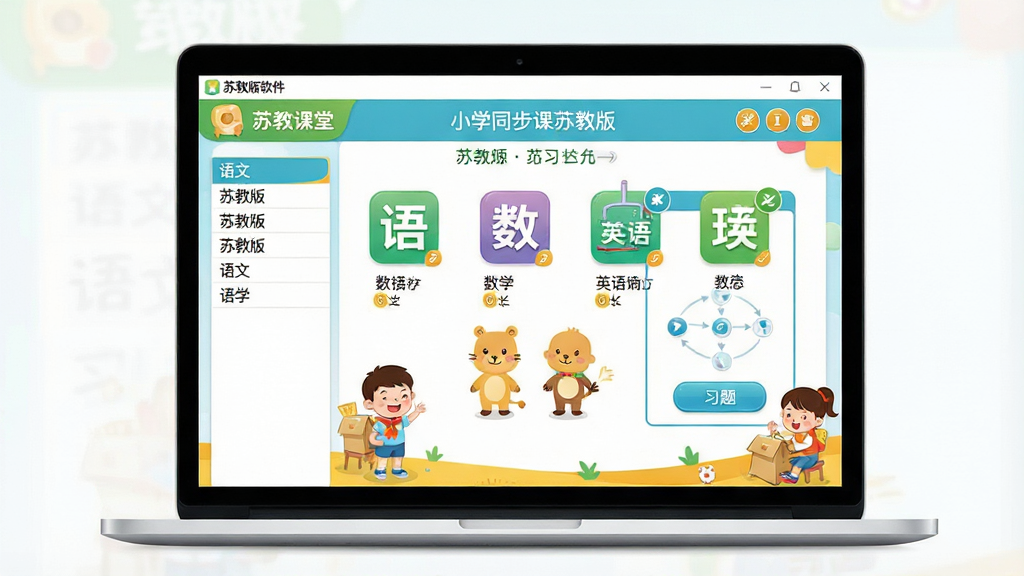 一张展示小学同步课堂苏教版软件界面的图片,主体是一台打开的笔记本电脑,屏幕上显示着色彩明快的教材同步学习界面,包含语文、数学、英语等学科图标和卡通插图,布局采用居中构图,排版上软件界面占据画面中心区域,风格为清新教育风,细节上屏幕内可见苏教版教材目录和互动习题按钮,画质高清,画面干净,无多余元素
