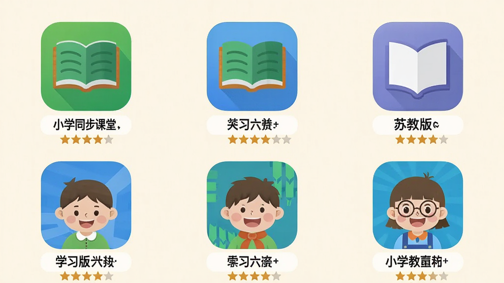 一张展示小学同步课堂苏教版与其他同类教育软件对比的图片,主体是六款小学学习软件图标横向排列在浅色背景上,布局采用两行三列的网格排版,风格为扁平化图标设计风,细节上每个图标下方有软件名称标签和星级评分,画质高清,画面干净,无多余元素