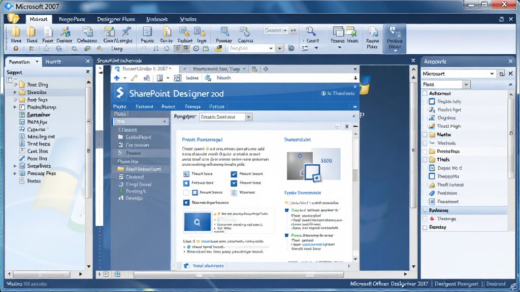一张展示 Microsoft Office SharePoint Designer 2007 软件界面的全景图,画面中央是打开的 SharePoint 站点编辑窗口,左侧为文件夹与标签导航栏,右侧为属性面板,顶部菜单栏清晰可见,整体采用微软 Office 2007 经典蓝色玻璃质感风格,界面布局工整,细节丰富,画质清晰干净,无多余元素