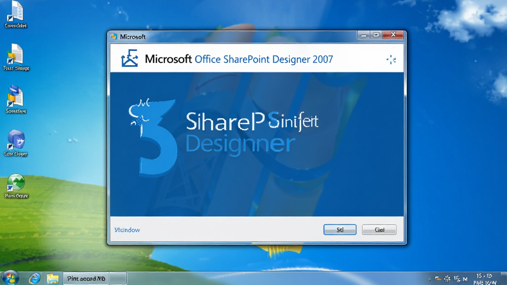 一张展示 Microsoft Office SharePoint Designer 2007 在 Windows 电脑上安装过程的截图,画面中安装向导窗口位于中央,背景为经典 Windows 桌面,软件名称清晰可见,整体风格简洁明了,画质清晰干净,无多余元素