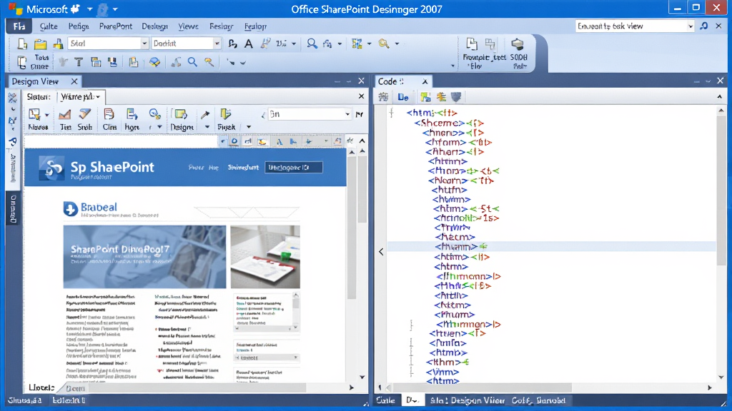 一张 Microsoft Office SharePoint Designer 2007 设计视图与代码视图并排展示的界面截图,左侧为可视化网页布局,右侧为彩色高亮的 HTML 代码,软件名称以标题形式出现在画面顶部,风格为微软 Office 2007 经典蓝色主题,画面干净整洁,画质清晰