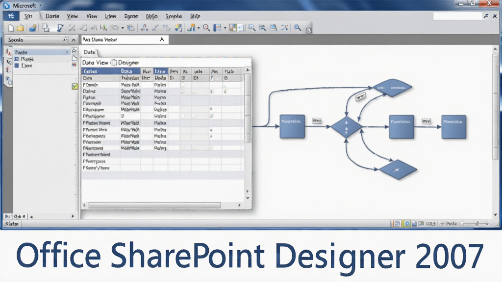 一张展示 Microsoft Office SharePoint Designer 2007 数据视图与工作流设计器功能的示意图,画面中央是数据表格与流程节点连线,软件名称以文字形式出现在画面下方,整体风格简洁商务,配色以蓝色和灰色为主,画质清晰干净