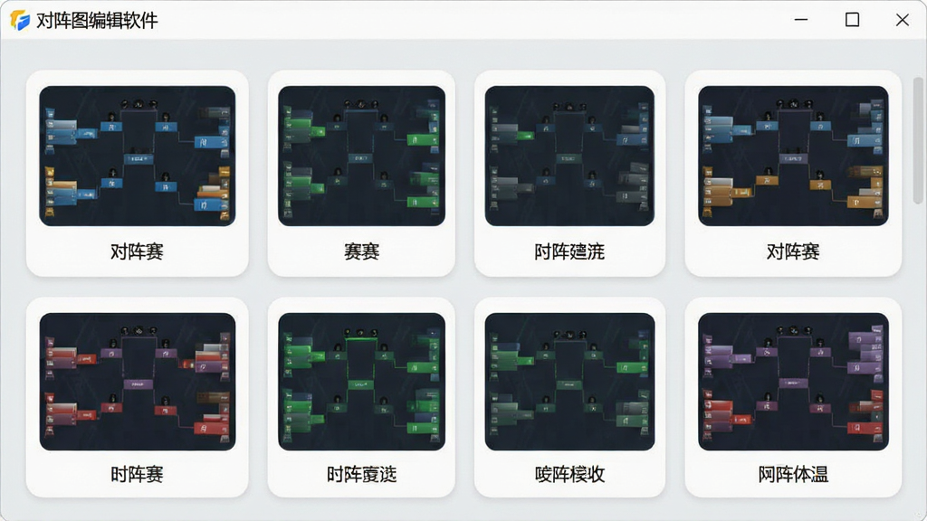 对阵图编辑软件中智能赛制模板选择界面,画面展示多个赛制卡片排列,每个卡片上有对阵结构缩略图和赛制名称,背景为浅灰色,卡片采用圆角设计,整体风格清新简洁,画质干净清晰,软件名称“对阵图编辑软件”显示在界面顶部