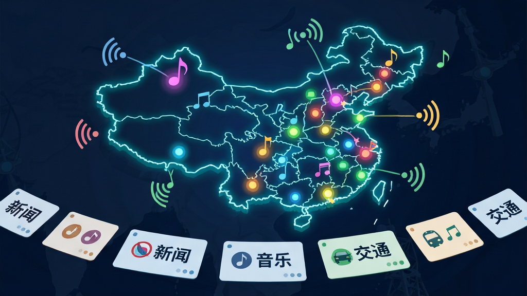 画面主体是一张发光的中国地图,地图上各个城市位置亮起不同颜色的光点,每个光点连接着音符和无线电波符号,地图下方排列着整齐的电台频道卡片,卡片上写着“新闻”“音乐”“交通”等字样。布局为地图居中,卡片环绕底部。风格为科技感扁平插画风,细节包括光点脉动效果、频道卡片上的小图标。画质高清,画面干净,无多余元素