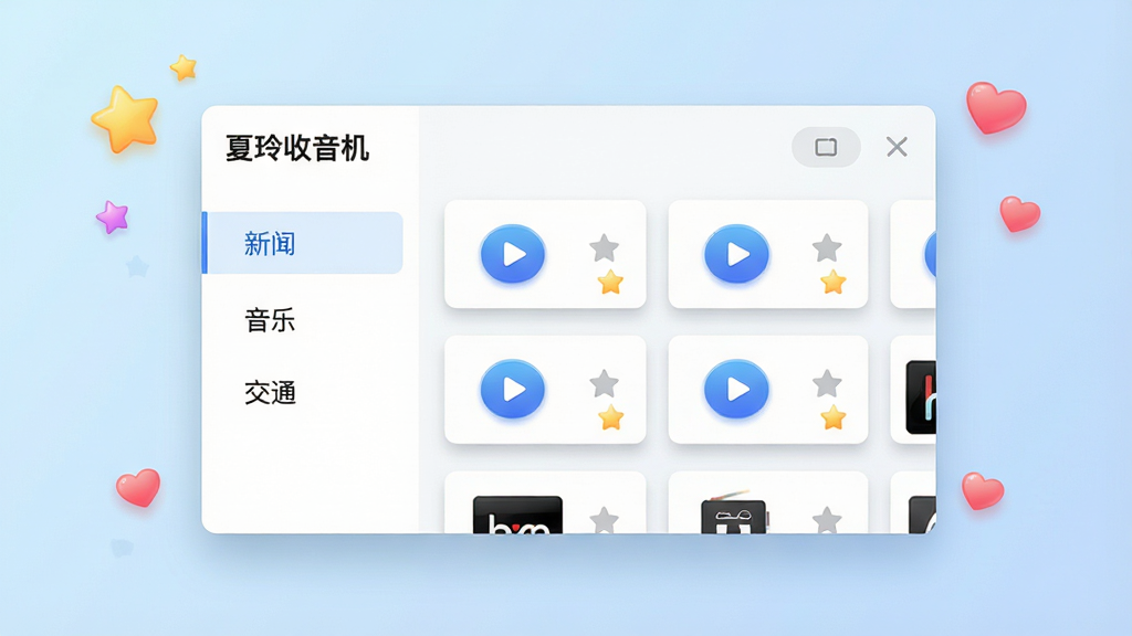 画面中心是一个简洁的软件界面截图风格面板,面板上显示“夏玲收音机”收藏夹页面,左侧是分组标签“新闻”“音乐”“交通”,右侧是排列整齐的电台卡片,每张卡片上有播放按钮和星标。面板周围漂浮着星星和爱心图标,背景是柔和的浅蓝色渐变。风格为清新UI展示风,细节包括卡片阴影、按钮高亮。画质高清,画面干净,无多余元素