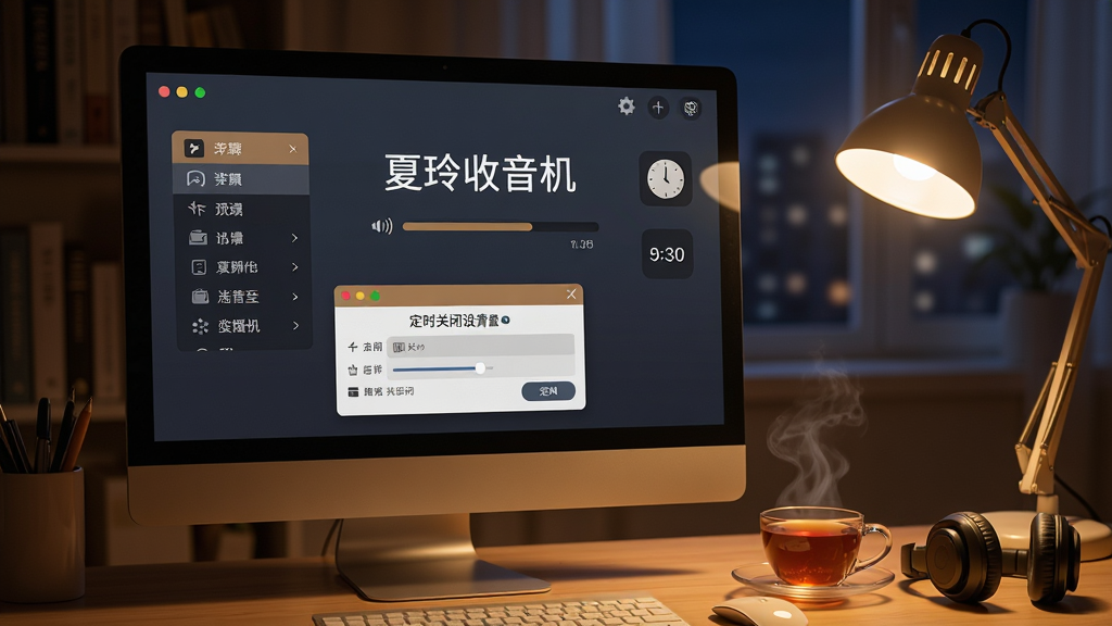 画面是一台台式电脑显示器,屏幕上显示“夏玲收音机”播放界面,界面下方有定时关闭设置弹窗,旁边放着一杯热茶和一副耳机,背景是夜晚书房环境,暖色台灯照亮桌面。风格为温馨生活场景写实风,细节包括屏幕上的频道列表、音量条、时钟图标。画质高清,画面干净,无多余元素