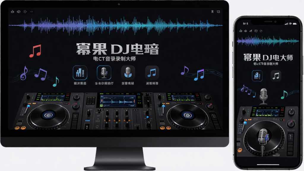 主体为幂果DJ电音录制大师软件界面与电音波形图,布局采用电脑屏幕与手机屏幕双端展示,排版居中显示软件名称与核心功能图标,风格为现代科技感深色主题,细节包含DJ打碟机、声波频谱、麦克风与音符元素,画质高清干净无多余元素。