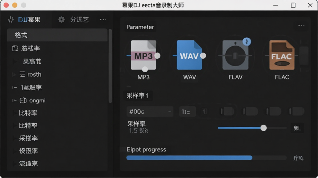 主体为幂果DJ电音录制大师导出设置窗口,布局左侧为格式列表右侧为参数调节区,排版整齐展示比特率与采样率选项,风格为现代扁平化设计,细节包含MP3、WAV、FLAC格式图标与导出进度条,画质高清干净无多余元素。