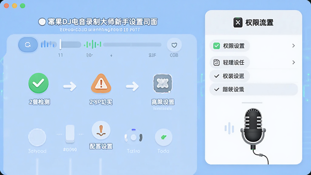 主体为幂果DJ电音录制大师新手设置界面,布局左侧为设备检测向导右侧为权限设置面板,排版分步骤展示安装与配置流程,风格为友好引导式浅色界面,细节包含对勾图标、警告标识与麦克风示意图,画质高清干净无多余元素。