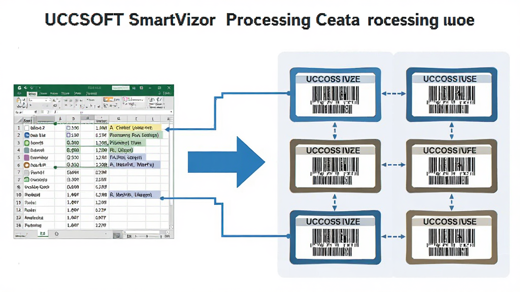 一张展示UCCSOFT SmartVizor 处理中心数据处理流程的示意图,主体为数据从左侧表格流入右侧标签的箭头示意,布局为左右结构,左侧为Excel数据表缩略图,右侧为打印出的多张不同标签,排版简洁清晰,风格为扁平化信息图,细节包括数据字段高亮连线、标签上的条码与文字,画质高清,干净无多余元素