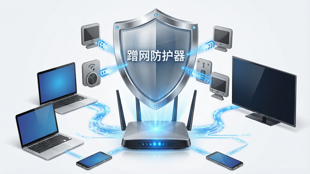 一张展示现代家庭网络环境的插画,画面中央是一台发光的无线路由器,周围环绕着智能手机、笔记本电脑和智能电视等设备,设备之间用蓝色的数据流线条连接。在路由器上方悬浮着一个巨大的半透明盾牌,盾牌上印有“蹭网防护器”的文字标识,盾牌表面泛着金属光泽,正在阻挡几个试图靠近的灰色未知设备图标。布局采用中心对称构图,风格为写实科技风,细节上强调盾牌的防护感和数据流的动态感,画质清晰,画面干净,无多余元素。