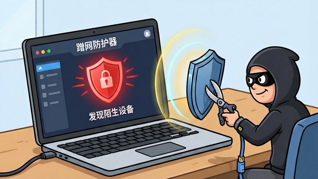 一张展示网络安全预警场景的图片,画面中一台笔记本电脑放置在书桌上,屏幕显示“蹭网防护器”的实时防护界面,界面中央有一个闪烁的红色盾牌图标和“发现陌生设备”的文字提示。屏幕旁边有一个卡通化的黑客形象正试图剪断一根网线,但被盾牌发出的光波弹开。布局采用对角线构图,风格为卡通科技风,细节上强调警示的紧迫感和防护的坚固感,画质清晰,画面干净,无多余元素。