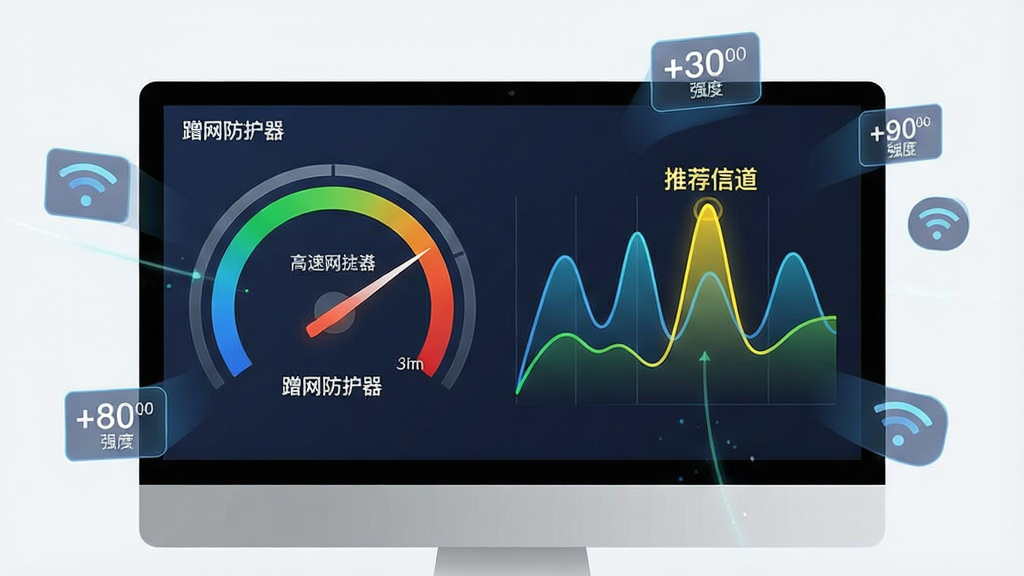 一张展示网速测试与信号优化的概念图,画面主体是一个电脑屏幕,屏幕左侧显示着“蹭网防护器”的网速仪表盘,指针指向高速区域,右侧显示着WiFi信道波形图,多个波峰错落有致,其中一个波峰被高亮标记为“推荐信道”。屏幕周围环绕着漂浮的网速数值和信号强度图标。布局采用仪表盘式构图,风格为现代科技风,细节上强调数据的动态变化和优化后的通畅感,画质清晰,画面干净,无多余元素。