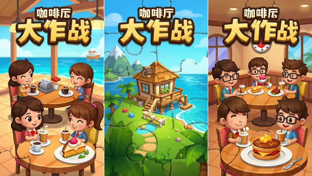 咖啡厅大作战游戏中的多个场景拼图,包括海滨餐厅、山顶度假村和都市快餐厅,每个场景有对应的顾客和特色食物,画面中有咖啡厅大作战文字标识,卡通风格,色彩丰富,布局为三格拼图,画质清晰,干净,无多余元素。