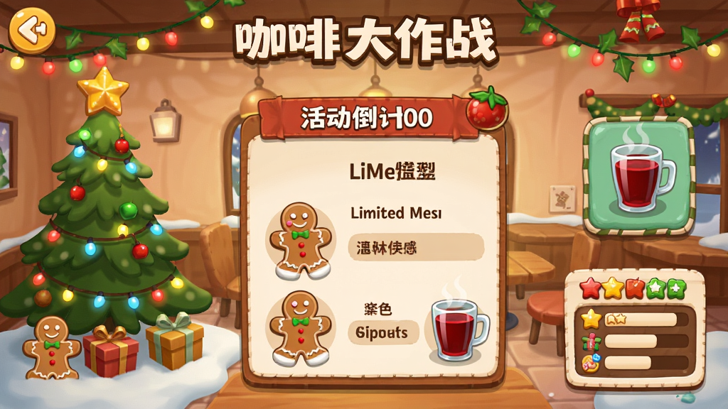 咖啡厅大作战游戏活动界面,展示圣诞节主题的咖啡厅装饰和限定菜单,有圣诞树、彩灯、姜饼人饼干和热红酒,画面中有活动倒计时和排行榜图标,卡通风格,节日氛围浓厚,色彩温暖,画质清晰,干净,无多余元素。