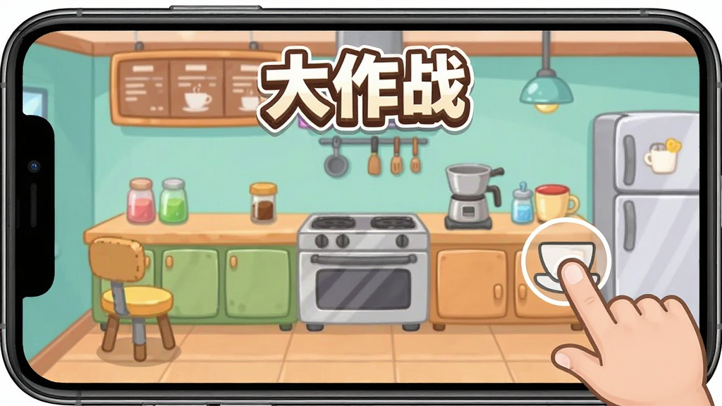 一张手机屏幕截图,显示咖啡厅大作战游戏的新手教程界面,有手指点击引导图标,画面中有咖啡厅大作战文字标识,背景为卡通厨房,画面清晰,风格简洁,画质干净,无多余元素。