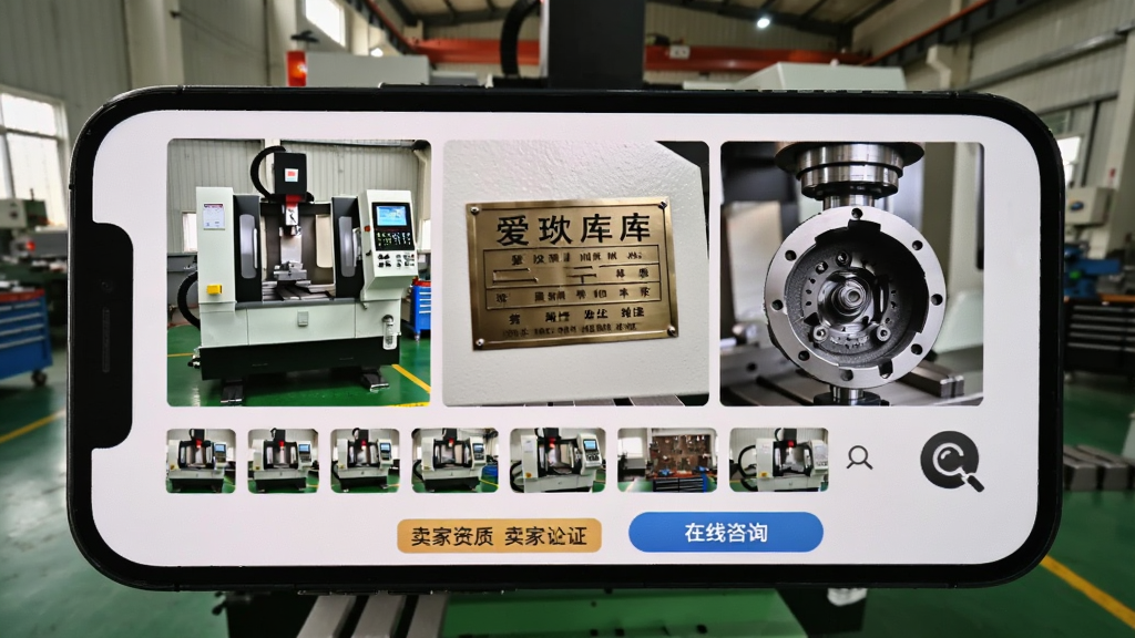 爱玖库设备详情页实拍展示,画面中手机屏幕显示一台二手数控机床的多角度照片,包括整机外观、铭牌特写、主轴内部,屏幕下方有卖家资质标签和在线咨询按钮,背景是车间实景,风格为工业写实,细节包括照片缩略图条、放大镜图标、认证徽章,画质锐利,干净无干扰