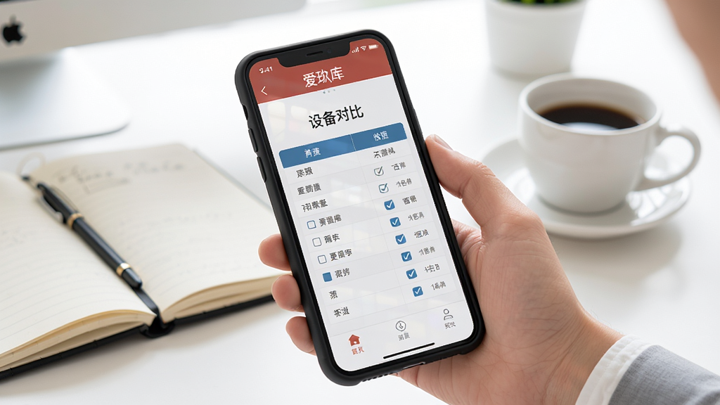 爱玖库移动端使用场景,画面中一只手拿着手机,屏幕显示爱玖库APP的设备对比页面,旁边有笔记本和咖啡杯,背景是明亮的办公室桌面,风格为清新商务,细节包括手机保护壳、屏幕反光、对比表格中的参数勾选,画质柔和,干净无多余元素