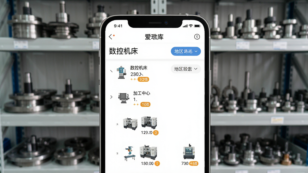 爱玖库二手设备分类页面,画面主体是手机屏幕特写,屏幕中展示爱玖库APP的设备分类层级,从“数控机床”到“加工中心”再到具体型号,每一层都有对应图标和数量标签,背景是整齐排列的机械零件货架,风格为写实商务,细节包括分类文字、设备小图、地区筛选按钮,画质清晰,干净简洁