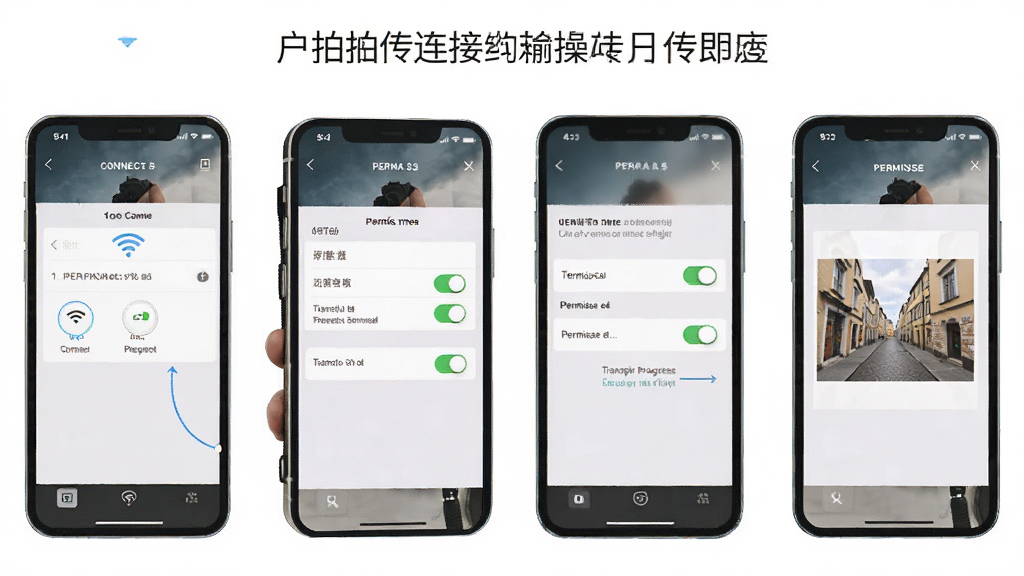 一张展示用户在使用手机操作一拍即传软件连接相机传输照片的教程风格图片,画面中手机屏幕显示连接步骤和权限设置界面,布局为手机界面分步展示,风格为教程图解风格,细节包括WiFi连接图标、权限开关按钮、传输进度,画质清晰干净无多余元素