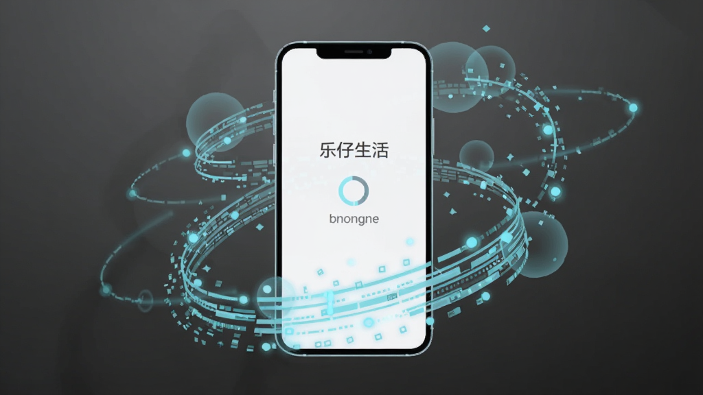 抽象科技风格插图,画面中央是一部智能手机,手机周围环绕着流动的浅蓝色数据线条与圆形光点,手机屏幕中显示“乐仔生活”加载界面,背景为深灰渐变,整体风格简洁现代,画质干净,无多余元素