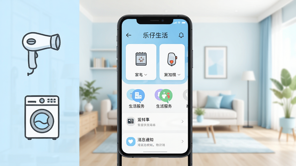 画面中央放置一部智能手机,手机屏幕中显示“乐仔生活”应用主界面,界面包含家电控制卡片、生活服务图标与消息通知栏,背景为明亮的现代家居客厅环境,左侧有吹风机与洗衣机简笔画图标作为装饰元素,整体采用扁平化UI风格,配色以浅蓝与白色为主,细节清晰,画质干净,无多余元素