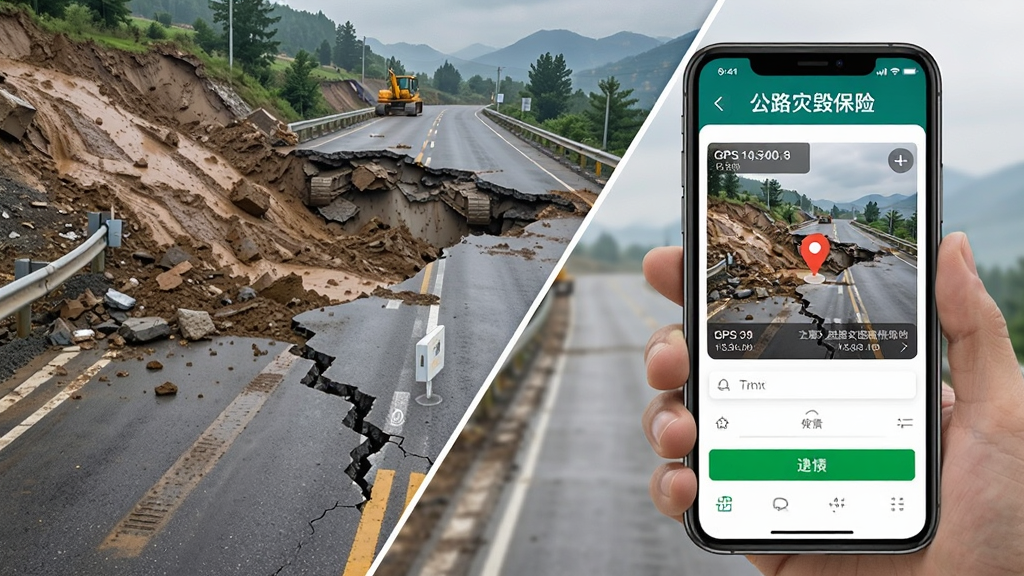主体为一只手拿着手机拍摄公路塌方现场,手机屏幕显示公路灾毁保险应用的照片上传界面和定位标记;布局为对角线构图,左侧为受灾公路实景,右侧为手机界面;排版突出应用名称