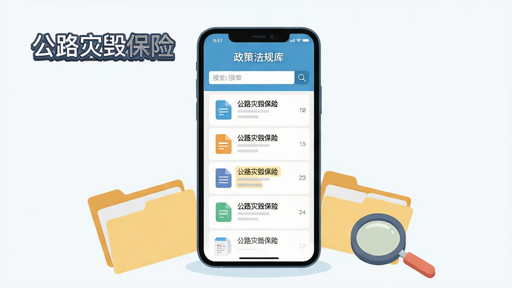 主体为手机屏幕展示公路灾毁保险应用的政策法规库页面,屏幕中显示文件列表和搜索框;布局为正面平视,手机下方散落文件夹和放大镜图标;排版突出