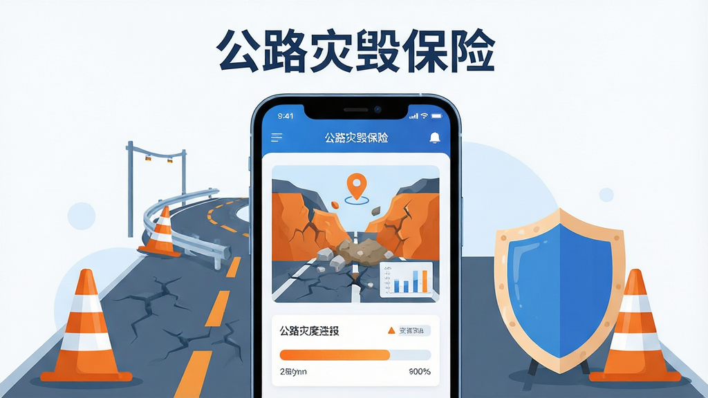 主体为一部智能手机屏幕显示公路灾毁保险应用界面,屏幕中呈现公路塌方灾情上报页面与理赔进度条;布局采用居中构图,手机两侧辅以公路、警示锥、保险盾牌等元素;排版干净整洁,上方留白放置应用名称文字