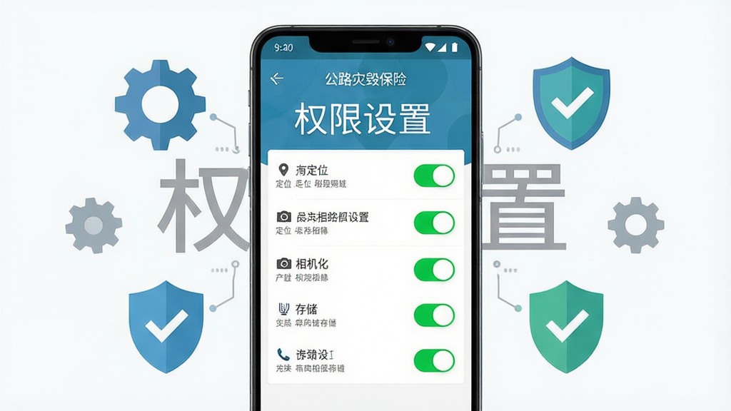主体为一部安卓手机展示公路灾毁保险应用的权限设置界面,屏幕中显示定位、相机、存储等权限开关;布局为手机正面居中,周围环绕齿轮、盾牌、对勾图标;排版突出