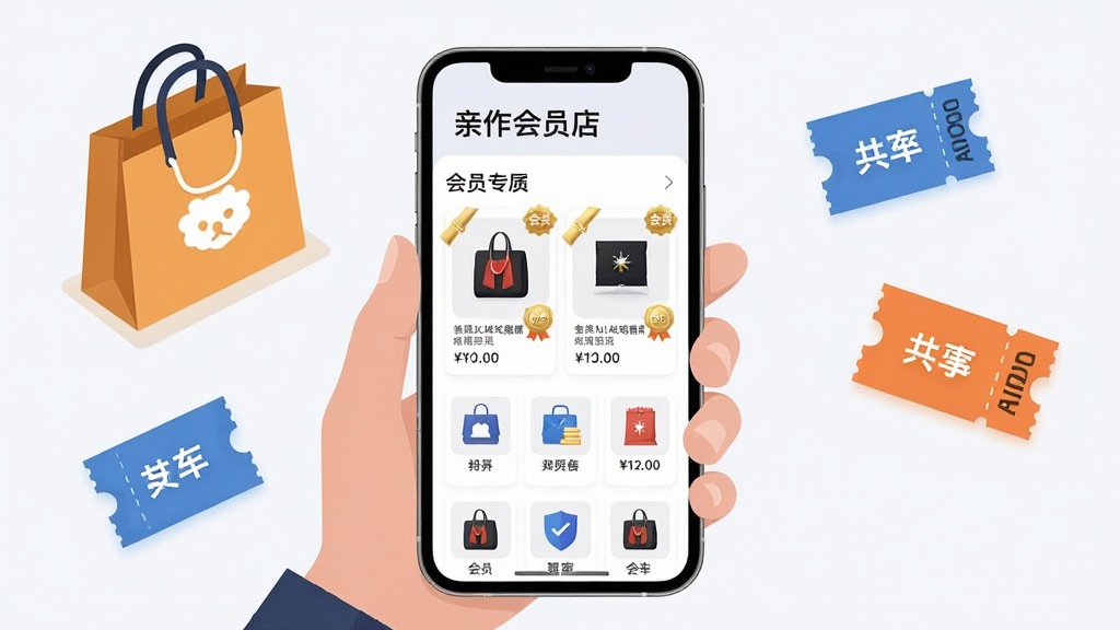 亲作会员店 手机应用界面展示 主体为一个手持智能手机的用户正在浏览会员专属商品页面 布局为手机屏幕居中展示 周围环绕品牌购物袋与优惠券图标 排版采用上下结构 上方为软件名称文字下方为功能图标矩阵 风格为现代扁平化科技感 细节包含清晰的商品卡片、价格标签与会员金色标识 画质高清 干净 无多余元素