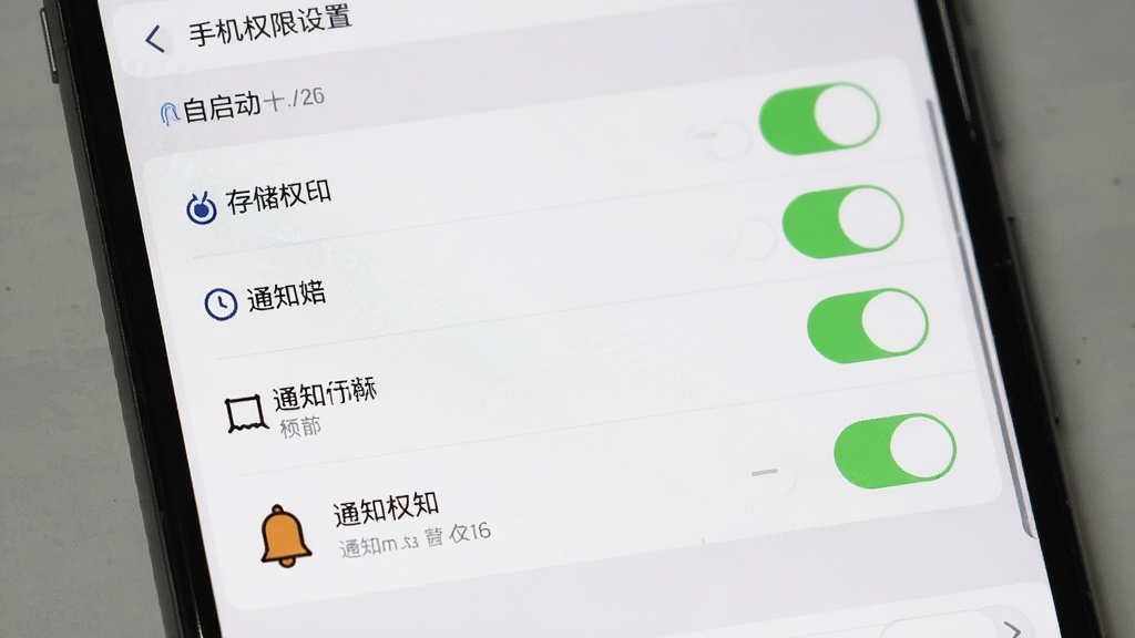 亲作会员店 手机权限设置界面 主体为手机屏幕显示应用权限管理列表 布局为纵向权限开关列表 排版清晰 风格为系统设置风 细节包含自启动开关、存储权限与通知权限图标 画质高清 干净 无多余元素
