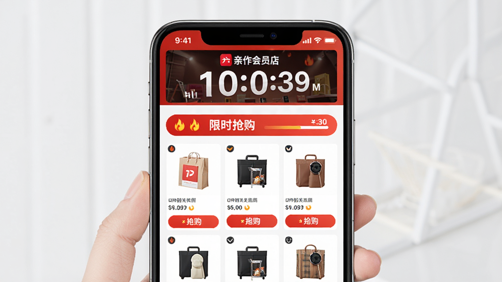 亲作会员店 限时抢购活动页面 主体为手机屏幕显示倒计时与商品列表 布局为顶部倒计时横幅下方网格商品展示 排版紧凑 风格为电商促销风 细节包含红色抢购按钮、火焰图标与库存进度条 画质高清 干净 无多余元素