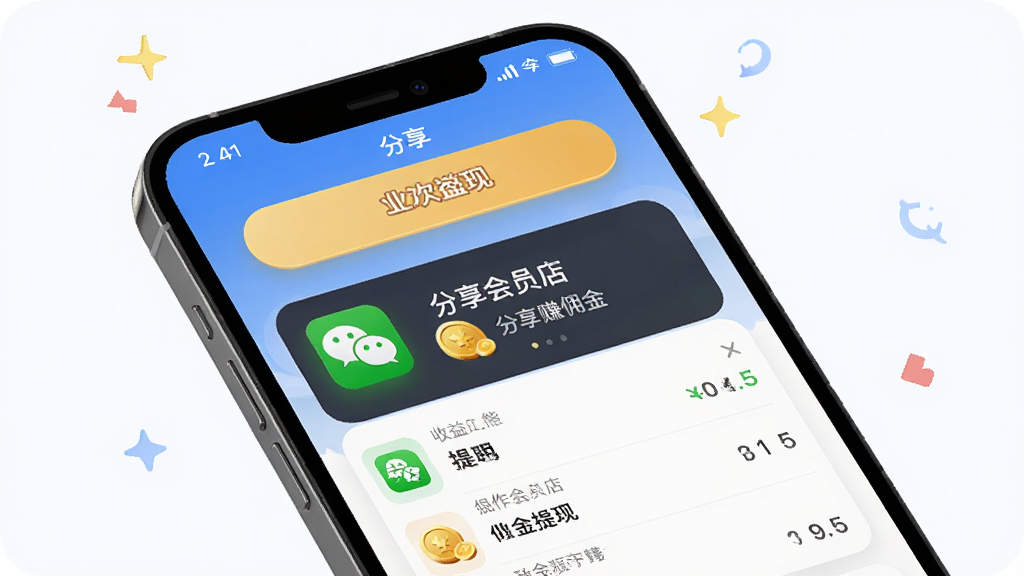 亲作会员店 分享赚佣金功能界面 主体为手机屏幕显示分享面板与佣金明细 布局为上方分享按钮下方收益列表 排版清晰 风格为轻快社交风 细节包含微信图标、佣金金币与提现按钮 画质高清 干净 无多余元素