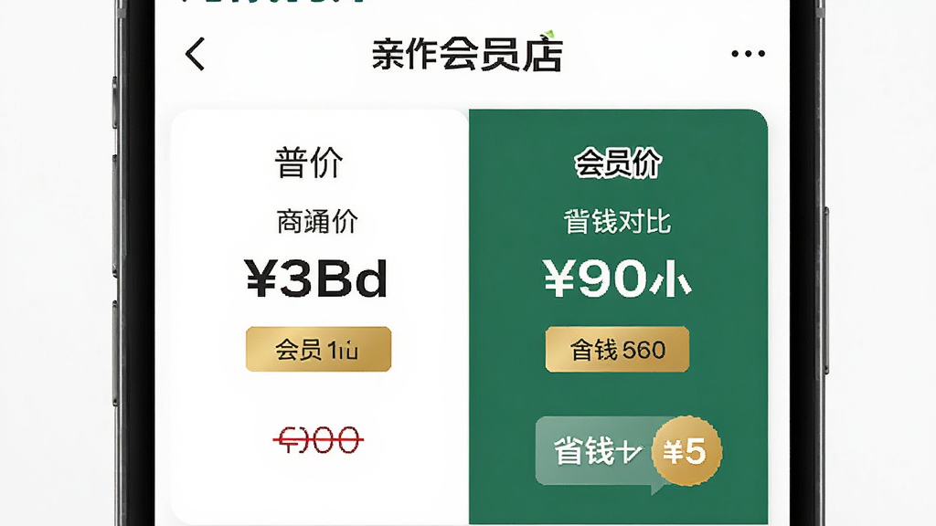 亲作会员店 会员价对比界面 主体为手机屏幕显示商品价格对比 布局为左右分栏左侧普通价右侧会员价 排版整洁 风格为简约商务风 细节包含红色划线价、金色会员价标签与省钱计算器图标 画质高清 干净 无多余元素