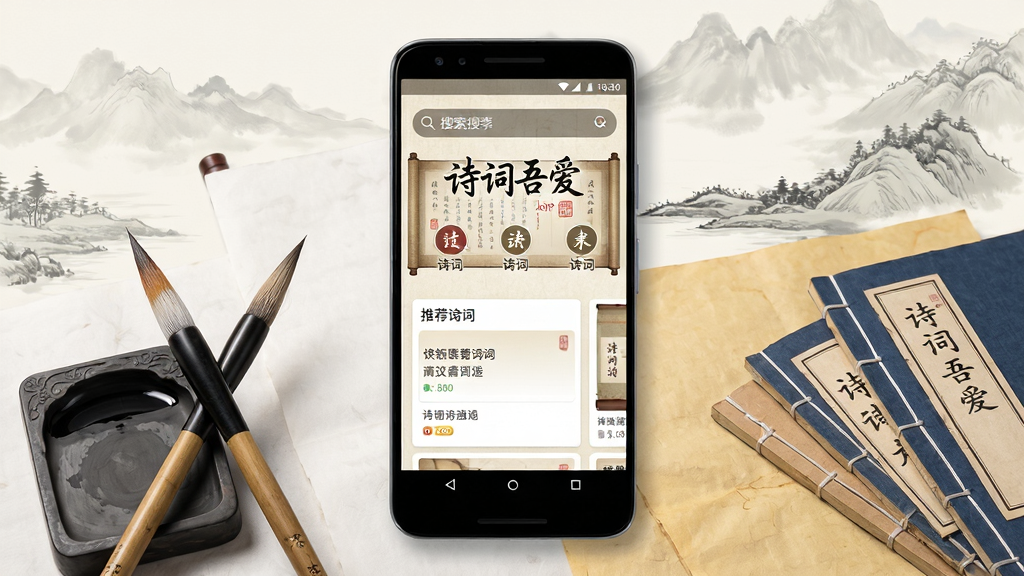 画面中央是一部安卓手机,手机屏幕显示“诗词吾爱”APP的首页界面,界面以古风卷轴为背景,上方有搜索框和诗词分类图标,下方展示推荐诗词卡片。手机周围环绕着毛笔、砚台、宣纸和几本线装古诗集,背景是淡雅的水墨山水画风格。整体布局采用中心构图,风格为中国风古典雅致,细节包括屏幕上的文字清晰可见、毛笔笔毫纹理分明、宣纸微微泛黄。画质高清,画面干净,无多余元素。