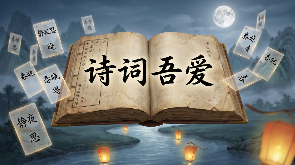 画面中央是一本展开的巨大古籍,书页上浮现出“诗词吾爱”四个大字,书页两侧飞出许多半透明的诗词卡片,卡片上写有“静夜思”“春晓”等诗句。古籍下方是一条蜿蜒的河流,河面上漂浮着发光的灯笼。背景是朦胧的远山与明月。风格为奇幻古风,细节包括古籍纸张的纹理、卡片上的书法字体、灯笼的暖光。画质高清,画面干净,无多余元素。