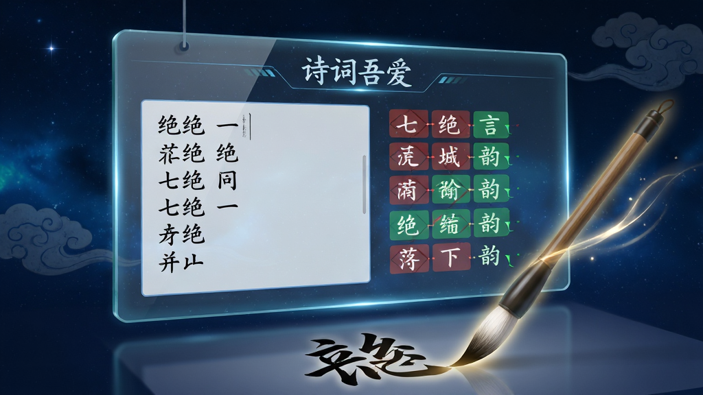 画面主体是一块悬浮的透明玻璃面板,面板上显示着“诗词吾爱”的格律检测界面,左侧输入框内写有七言绝句,右侧用红色和绿色标注平仄与韵脚。面板下方有一支发光的毛笔正在书写汉字。背景是深蓝色的星空与淡淡的云纹,风格为科技与古典结合。细节包括面板边缘的微光、汉字笔画的锋利感、毛笔的流光效果。画质高清,画面干净,无多余元素。