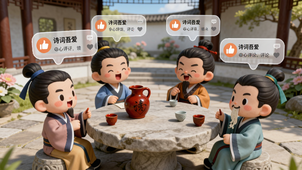 画面是一个圆形的古典庭院场景,庭院中央有一张石桌,桌上放着酒壶与酒杯,周围坐着几位古装文人正在吟诗作对。每个人物头顶都有一个半透明的气泡,气泡内显示着“诗词吾爱”的点赞图标与评论文字。背景是回廊与花木。风格为Q版卡通古风,细节包括人物生动的表情、气泡内的UI元素、石桌上的纹理。画质高清,画面干净,无多余元素。