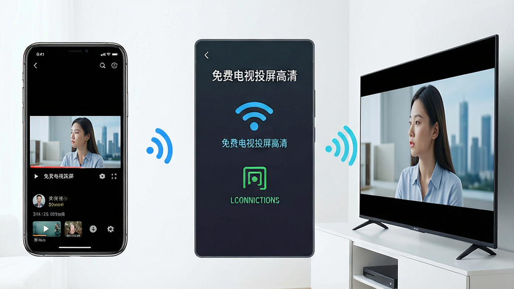 一张展示手机与智能电视通过无线网络连接投屏的场景图,画面中央是
