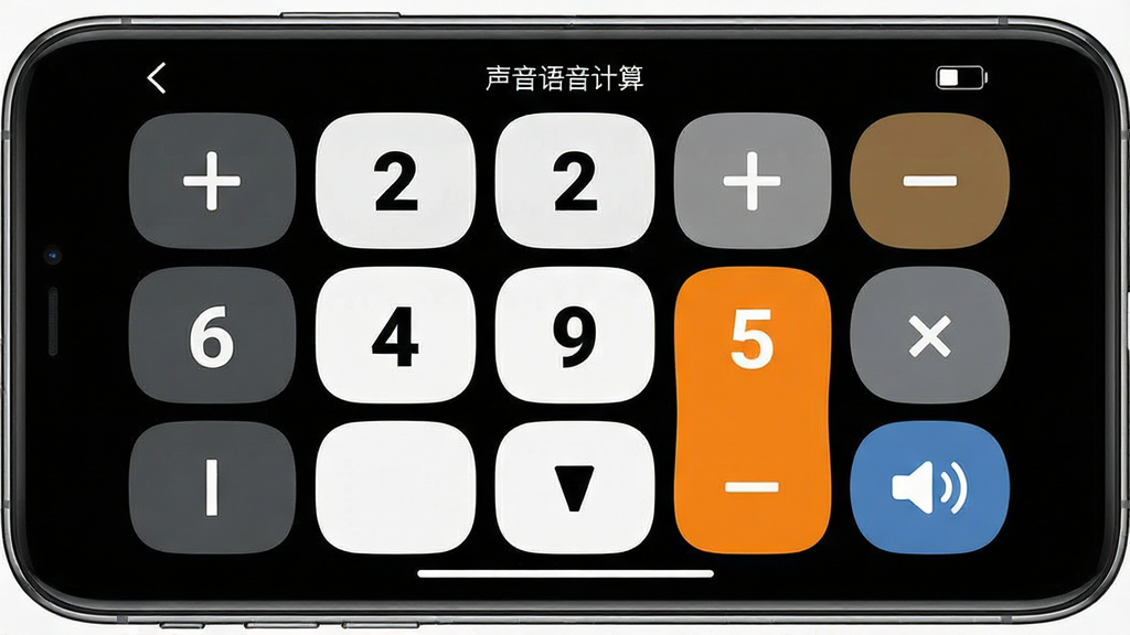 一张展示有声语音计算器大按键界面的图片,画面主体为一部手机横屏显示有声语音计算器,按键硕大且数字清晰,背景为深色高对比度主题,布局采用全屏展示计算器键盘区域,排版突出按键尺寸和数字辨识度,风格为适老化设计风格,细节包括大号数字键、加减乘除符号、语音播报按钮,画质高清,画面干净,无多余元素