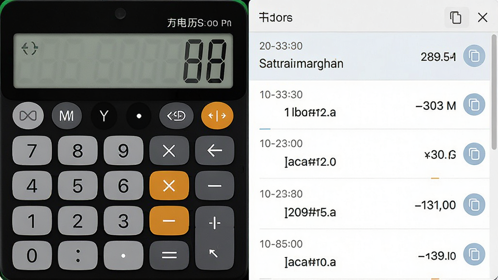 一张展示有声语音计算器历史记录功能的图片,画面主体为软件界面左侧显示计算器键盘,右侧显示历史记录列表,列表内包含多条计算算式和结果,布局采用左右分栏排版,风格为清爽浅色商务风,细节包括时间戳、算式条目、复制按钮图标,画质高清,画面干净,无多余元素