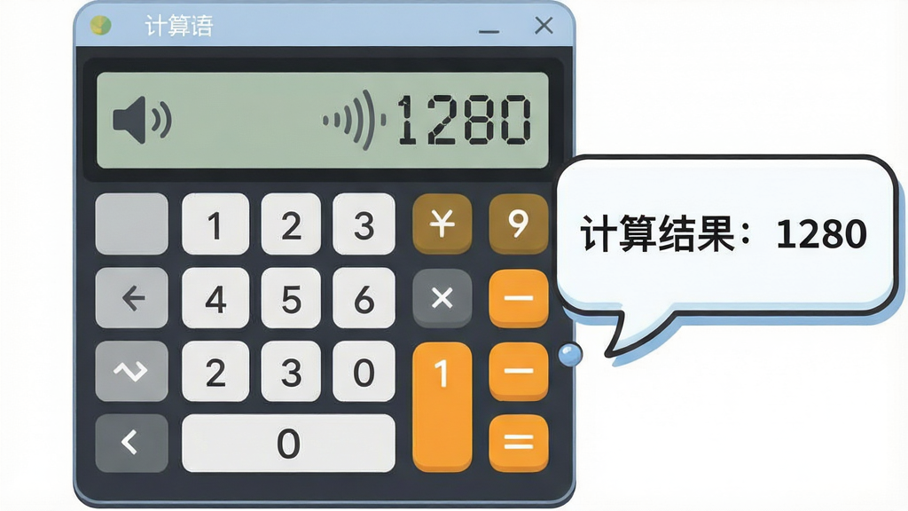 一张展示有声语音计算器语音播报功能的图片,画面主体为有声语音计算器软件窗口,窗口内显示数字键盘和计算结果,旁边有一个卡通风格的语音气泡从中飘出,气泡内写着“计算结果:1280”,布局采用软件界面居中、语音气泡位于右侧,排版简洁明了,风格为扁平化插画风,细节包括数字按键、语音图标、声波纹理,画质清晰,画面干净,无多余元素