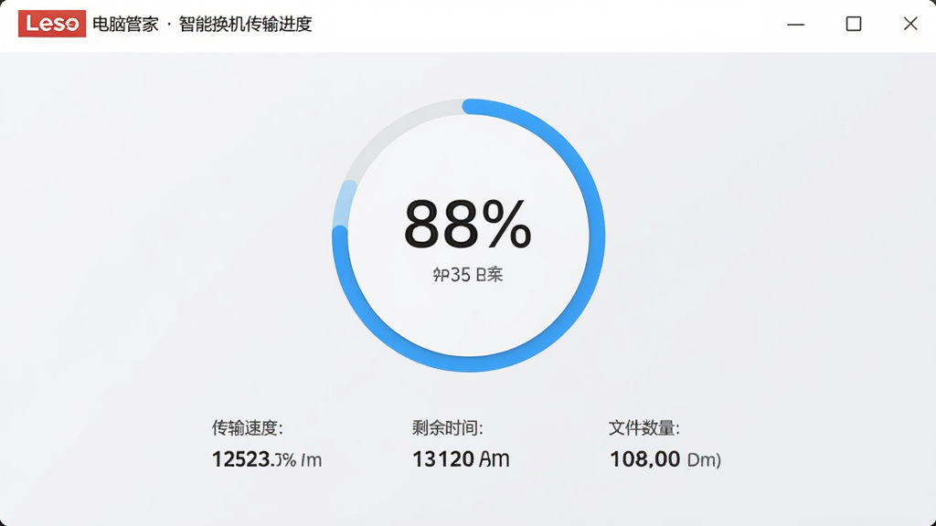联想电脑管家智能换机传输进度界面,画面中有一个圆形进度环显示百分比,下方列出传输速度、剩余时间、文件数量等数据,背景是浅灰色极简风格,数字清晰醒目,布局居中,画质干净,无多余元素