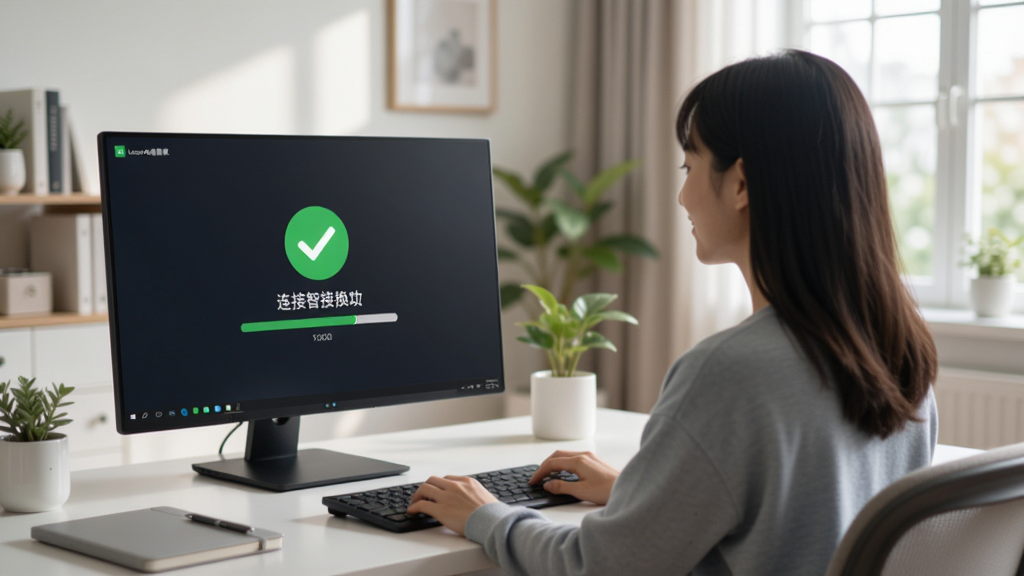 联想电脑管家智能换机新手使用场景图,画面中一位用户坐在两台电脑前,屏幕上显示连接成功的绿色对勾和传输进度条,桌面整洁,背景是居家办公环境,光线自然,风格写实,画质清晰,无多余元素