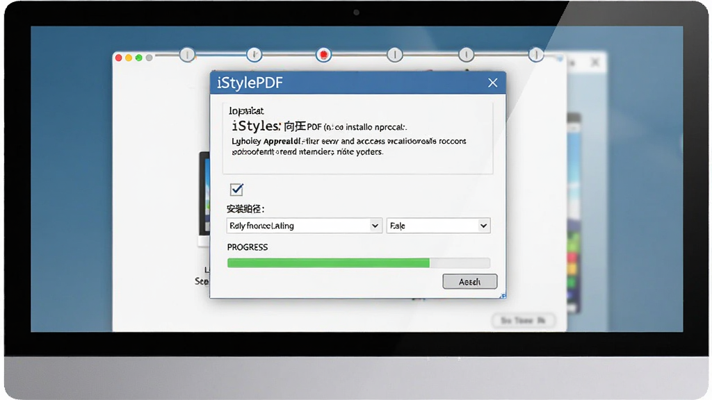iStylePDF新手安装操作流程图,主体为电脑屏幕上的安装向导窗口,布局为居中对话框加步骤指示条,排版清晰,风格为软件安装界面,细节包含许可协议勾选框、安装路径选择、进度条,画质高清,干净,无多余元素