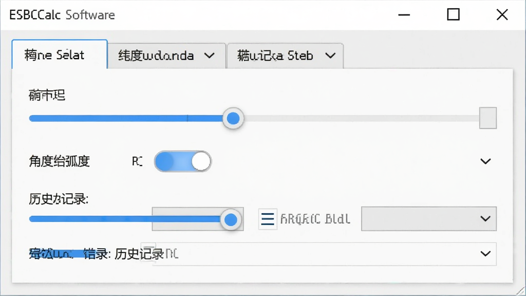 一张展示ESBCalc软件设置面板的图片,画面中软件窗口内显示着精度设置滑块、角度弧度切换按钮、历史记录条数选项等设置项,界面风格为简洁的选项卡布局,细节上滑块带有蓝色高亮,背景为浅色主题,画质高清,干净,无多余元素