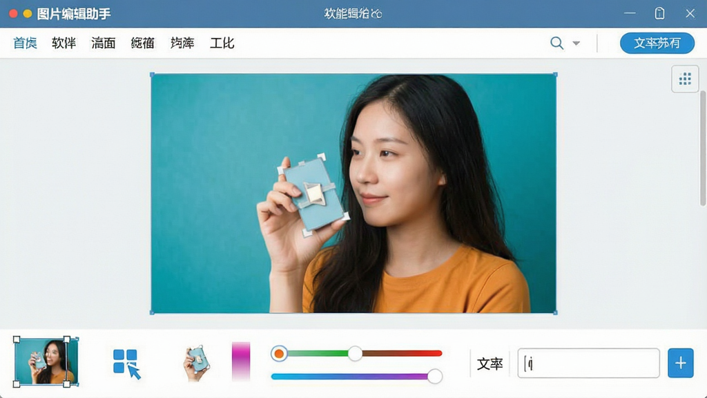 一张软件功能界面展示图,主体是“图片编辑助手”的编辑工作区,布局为上方菜单栏、中间大图预览、下方功能缩略图标,排版层次分明,风格为清爽扁平化设计,细节包含裁剪框、调色滑块、文字输入框,画质清晰,干净无杂乱元素