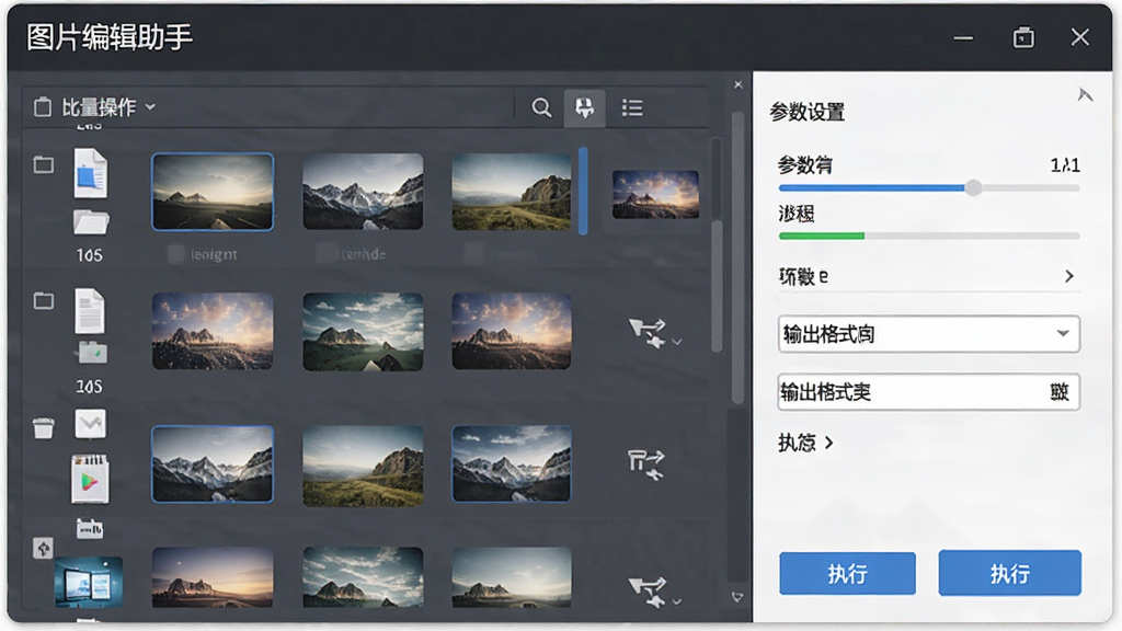 一张批量处理功能界面图,主体是“图片编辑助手”的批量操作窗口,布局为文件列表区、参数设置区、执行按钮区,排版规整,风格为商务简约风,细节包含多张图片缩略图、进度条、输出格式下拉框,画质高清,画面干净整洁