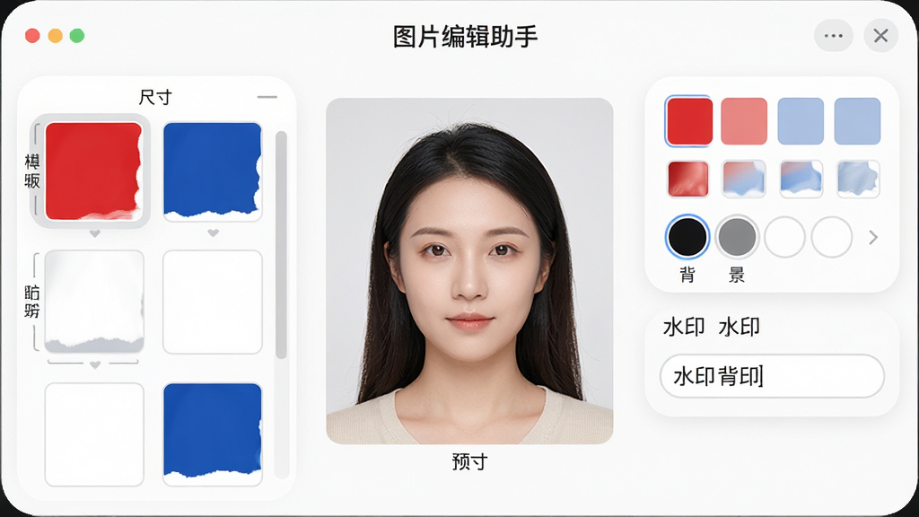 一张证件照制作与水印设置界面图,主体是“图片编辑助手”的证件照模块,布局为左侧模板列表、中间人像预览、右侧背景色选项,排版清晰,风格为柔和圆角设计,细节包含红蓝白底色块、尺寸标注、水印文字输入框,画质高清,画面干净